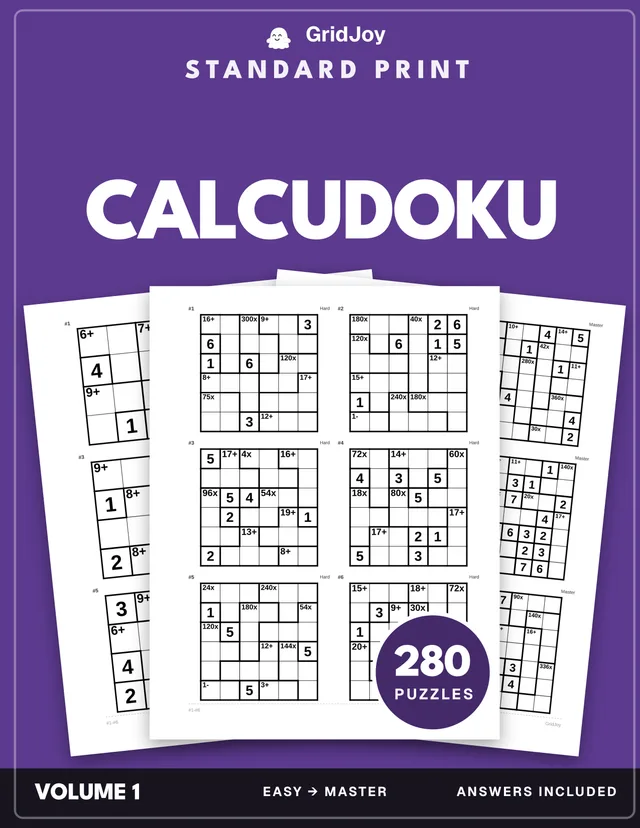 Cover of Calcudoku · Standard — 280 Puzzles · Standard 8.5×11 · Every Solution Printed