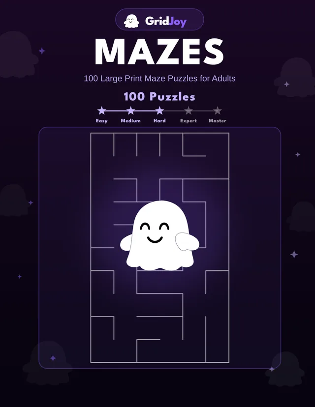 Cover of Mazes — 100 Large-Print Mazes · One Per Page · Easy to Hard, large print with solutions