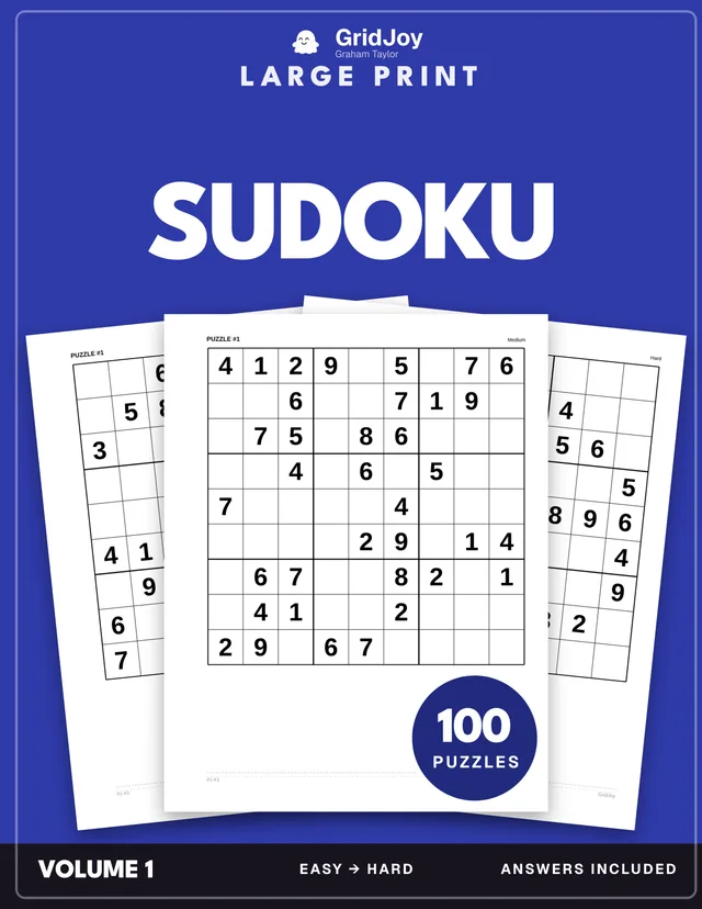 Cover of Sudoku — 100 Large-Print Puzzles · One Per Page · Easy to Hard, large print with solutions