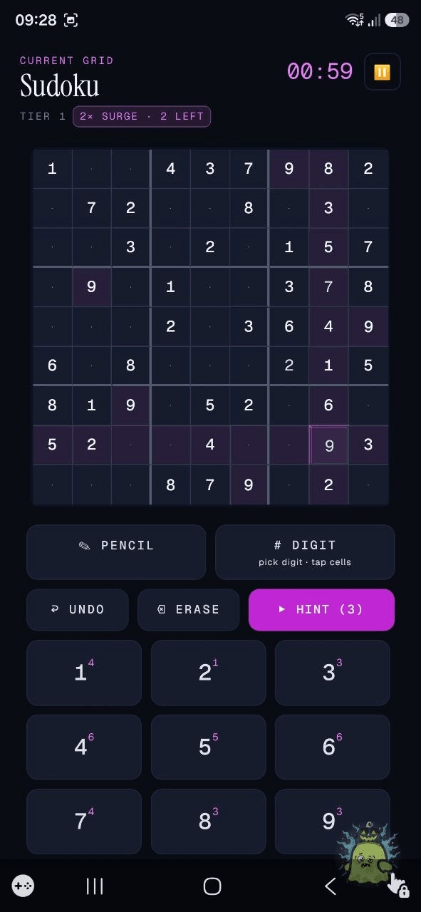 Sudoku gameplay with pencil marks, hints and a live timer