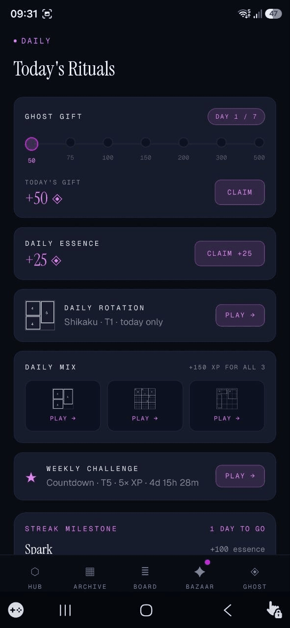 Daily rituals — free gift, streak milestones and a 3-puzzle mix